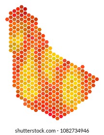 Barbados map. Vector honeycomb territory plan using fire color tinges. Abstract Barbados map composition is designed of orange hex-tile pixels.