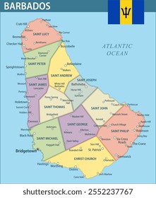 Barbados Mapa Vetor Novo 2024 Colorido - Personalizável em camadas mapa político de Barbados com divisões administrativas para site, educação, relatórios, notícias, política, impressão, cartaz e papel de parede