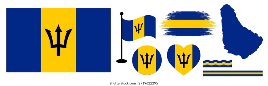 Barbados National Flag design Elements Collection set. Includes Barbados Official Flag, Map Silhouette, Waving Flag, Heart and Circle Icons, and Artistic Brush Stroke Designs.