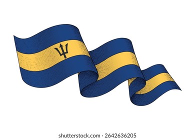 Barbados national flag waving ribbon shape with engraved vintage texture