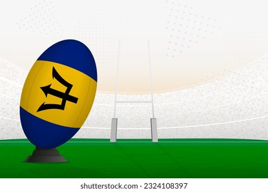 Barbados national team rugby ball on rugby stadium and goal posts, preparing for a penalty or free kick. Vector illustration.