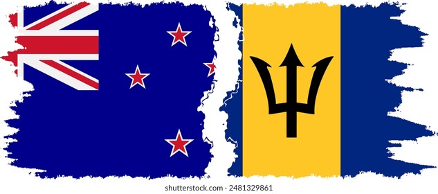 Barbados and New Zealand grunge flags connection, vector