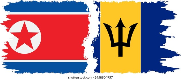 Barbados and North Korea grunge flags connection, vector