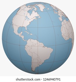 Barbados on the globe. Earth hemisphere centered at the location of Barbados. Barbados map.