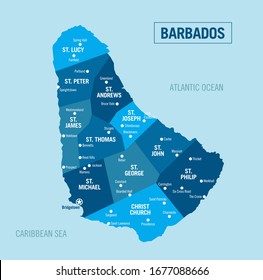 Barbados political map. Barbados island with isolated provinces, departments and cities. Vector illustration.