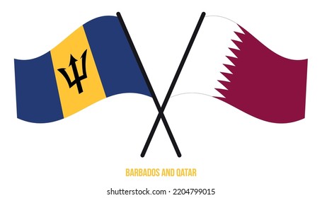 Barbados and Qatar Flags Crossed And Waving Flat Style. Official Proportion. Correct Colors.
