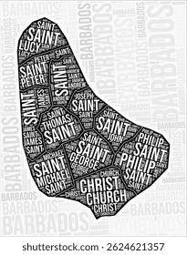 Barbados regions map word cloud. Barbados region names. Black and white map design. Modern vector illustration.
