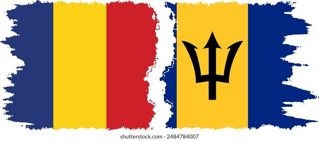 Barbados and Romania grunge flags connection, vector