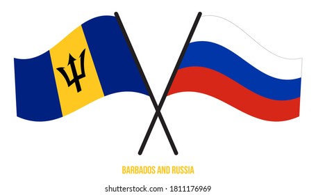 Barbados and Russia Flags Crossed And Waving Flat Style. Official Proportion. Correct Colors.