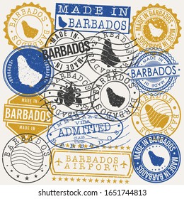 Barbados Set of Stamps. Travel Passport Stamps. Made In Product. Design Seals in Old Style Insignia. Icon Clip Art Vector Collection.