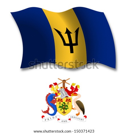 barbados shadowed textured wavy flag and coat of arms against white background, vector art illustration, image contains transparency transparency