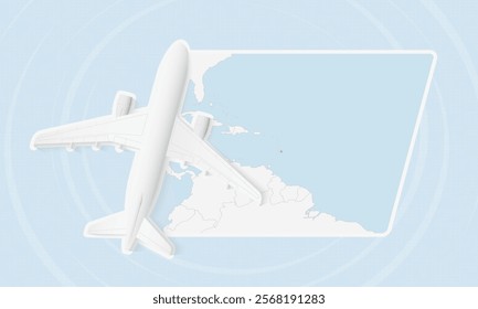 Barbados Travel Illustration with Plane and National Flag. Ideal for travel agencies, promotional materials, or geographic content related to Barbados.