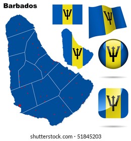 Barbados vector set. Detailed country shape with region borders, flags and icons isolated on white background.