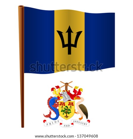 barbados wavy flag and coat of arms against white background, vector art illustration, image contains transparency