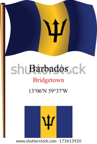 barbados wavy flag and coordinates against white background, vector art illustration, image contains transparency