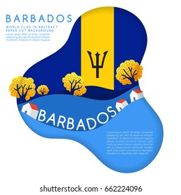 Barbados : World Flag in paper cut shapes with trees and mountains in the layers : Vector Illustration