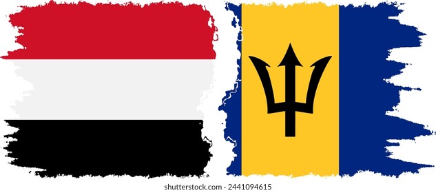 Barbados and Yemen grunge flags connection, vector