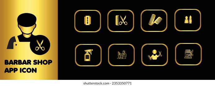 Barbar shop app icon set with golden gradient color and black background 