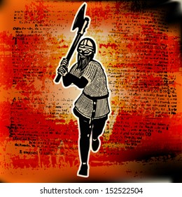 Barbarian Danger. Vector illustration with a Viking Axeman over a scorched text background.