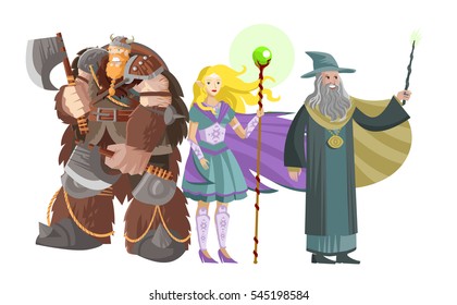 barbarian, elf woman and magical wizard characters