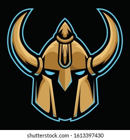 Barbarian knight viking Gold Head Helmet Logo Template for e sport and sport mascot  isolated on dark background