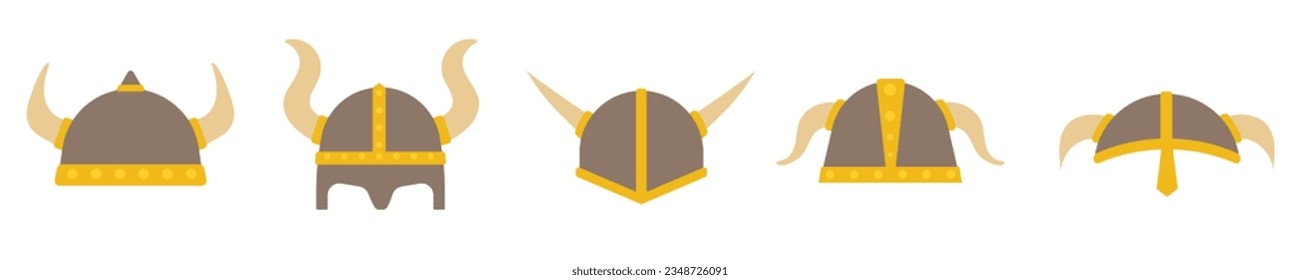 Barbarian medieval helmets with horns. Viking protective headdress of medieval northerner warrior for role playing and combat vector design