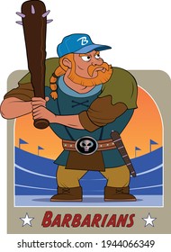 A barbarian swings a baseball bat.