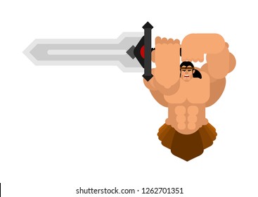 Barbarian with sword. Strong Warrior with weapons Big blade. berserk Brutal man. Strong Powerful Medieval Mercenary Soldier. Vector illustration 
