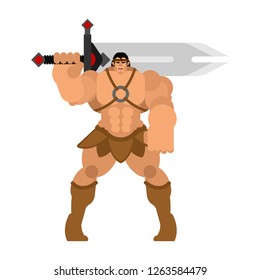 Barbarian with sword. Strong Warrior with weapons Big blade. berserk Brutal man. Strong Powerful Medieval Mercenary Soldier. Vector illustration 