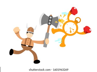 barbarian viking fight for clock time cartoon doodle flat design style vector illustration