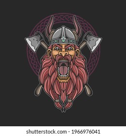 barbarian viking head with cross axe illustration