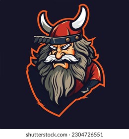 barbarian viking man wearing horn warrior helmet logo esport vector illustration