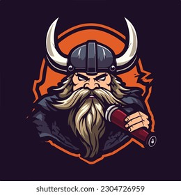 barbarian viking man wearing horn warrior helmet logo esport vector illustration