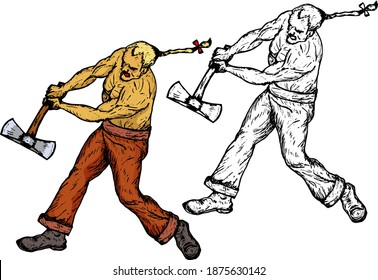 Barbarian warrior swinging a battleaxe. Hand drawn vector illustration.