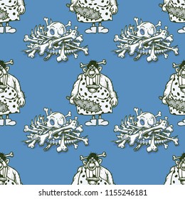 barbaric ancient woman and skeleton bones seamless pattern