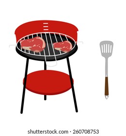 Barbeceu grill with two steaks and spatula vector icon set isolated, barbeque family, barbeque party