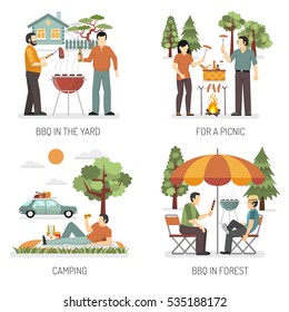 Barbecue 2x2 design concept set of yard park forest and camping flat compositions as places for picnic vector illustration