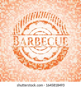 Barbecue abstract emblem, orange mosaic background