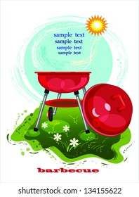 Barbecue background with brazier on the grass, picnics objects.