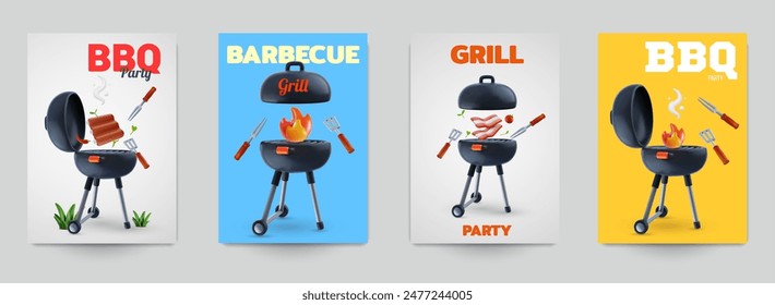 Barbecue background composition in bright realistic 3d style. Set of modern templates for cover flyer, card, banner, poster, invitation. Bbq branding party. Vector illustration.