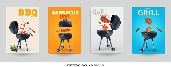 Barbecue background composition in bright realistic 3d style. Set of modern templates for cover flyer, card, banner, poster, invitation. Bbq branding party. Vector illustration.