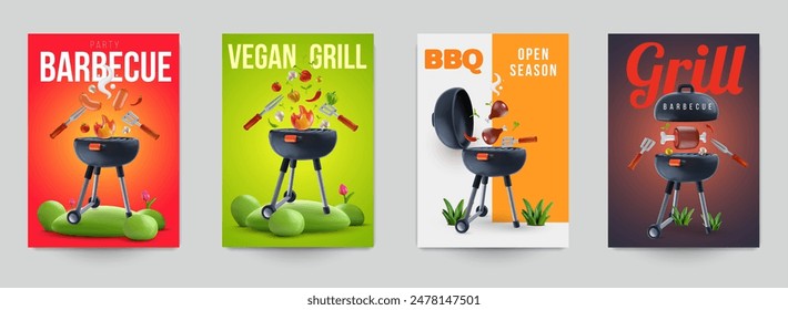 Barbecue background composition in bright realistic 3d style. Set of modern templates for cover flyer, card, banner, poster, invitation. Bbq branding party. Vector illustration.