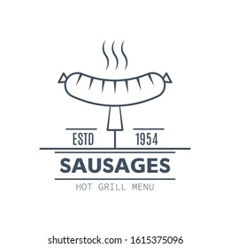 Barbecue badge design isolated on white background. Black and white line art illustration. Hot grill, grilled sausages emblem design