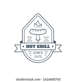 Barbecue badge design isolated on white background. Black and white line art illustration. Hot grill, grilled sausages emblem design