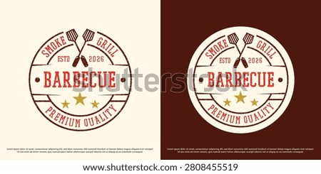 Barbecue badge logo design illustration vector. Barbeque spatula star silhouette. Hipster classic bbq symbol icon.