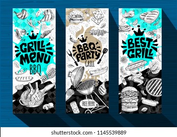 Barbecue banner posters grilled food, sausages, chicken, french fries, steaks,  grill BBQ party. Set trendy sketch style cards typography chalkboard. Hand drawn vector illustration.