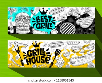 Barbecue banner posters grilled food, sausages, chicken, french fries, steaks, fish, grill BBQ party. Set trendy sketch style cards typography chalkboard. Hand drawn vector illustration.