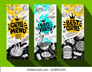 Barbecue banner posters grilled food, sausages, chicken, french fries, steaks, fish, grill BBQ party. Set trendy sketch style cards typography chalkboard. Hand drawn vector illustration.