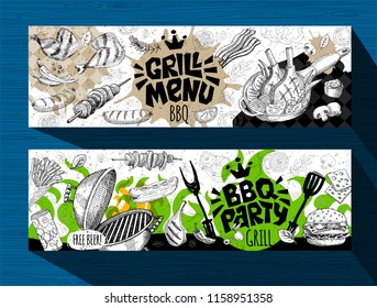 Barbecue banner posters grilled food, sausages, chicken, french fries, steaks, fish, grill BBQ party. Set trendy sketch style cards typography chalkboard. Hand drawn vector illustration.