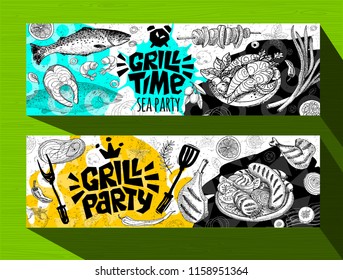 Barbecue banner posters grilled food, sausages, chicken, french fries, steaks, fish, grill menu BBQ party. Set trendy sketch style cards typography chalkboard. Hand drawn vector illustration.